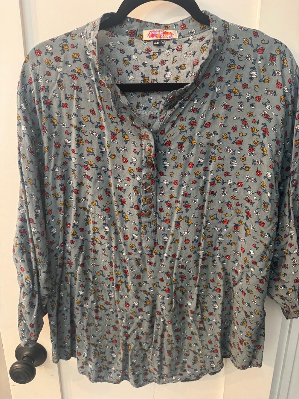 Floral Boho Button-Front Women's Top - Slate Blue Button Tab Sleeves Fall Top